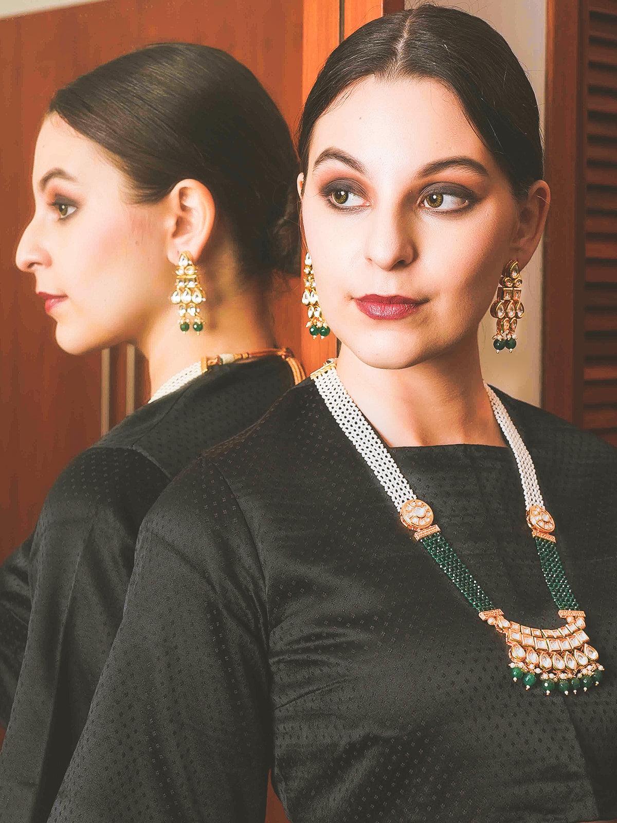 Bottle Green-White Long Divine Necklace Set - Rajwada