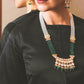 Bottle Green-White Long Divine Necklace Set - Rajwada