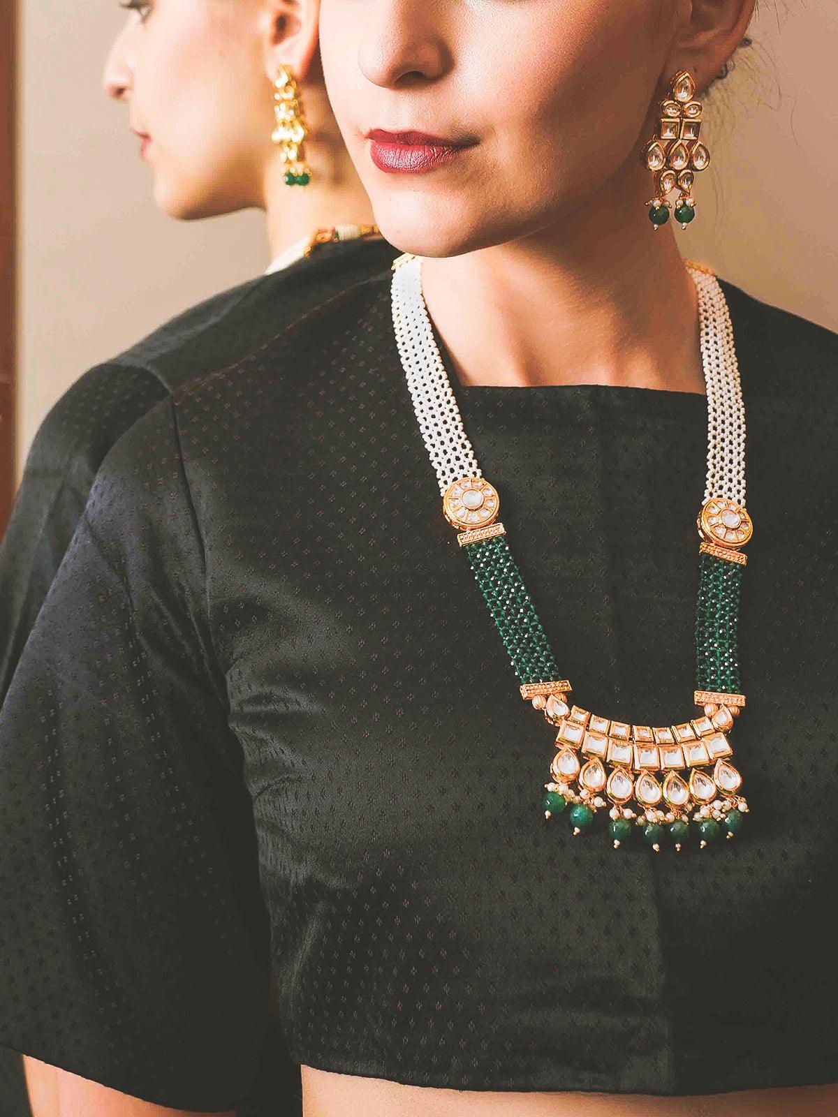 Bottle Green-White Long Divine Necklace Set - Rajwada