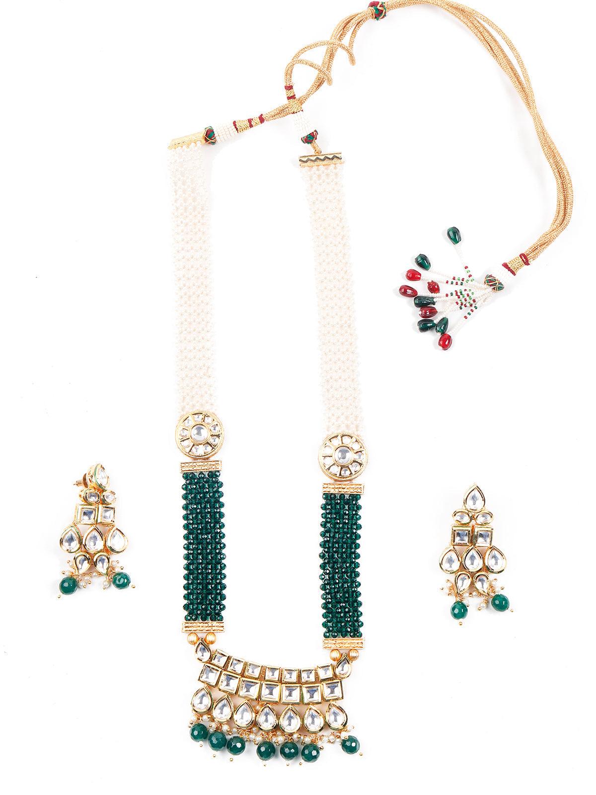 Bottle Green-White Long Divine Necklace Set - Rajwada