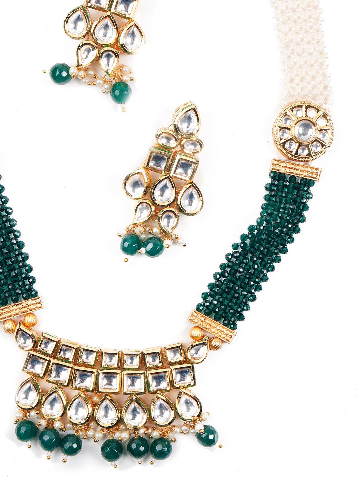 Bottle Green-White Long Divine Necklace Set - Rajwada