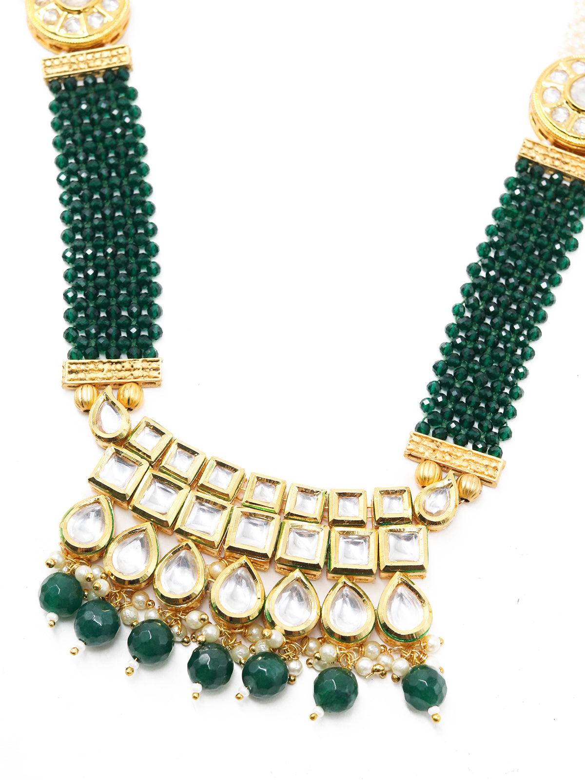 Bottle Green-White Long Divine Necklace Set - Rajwada