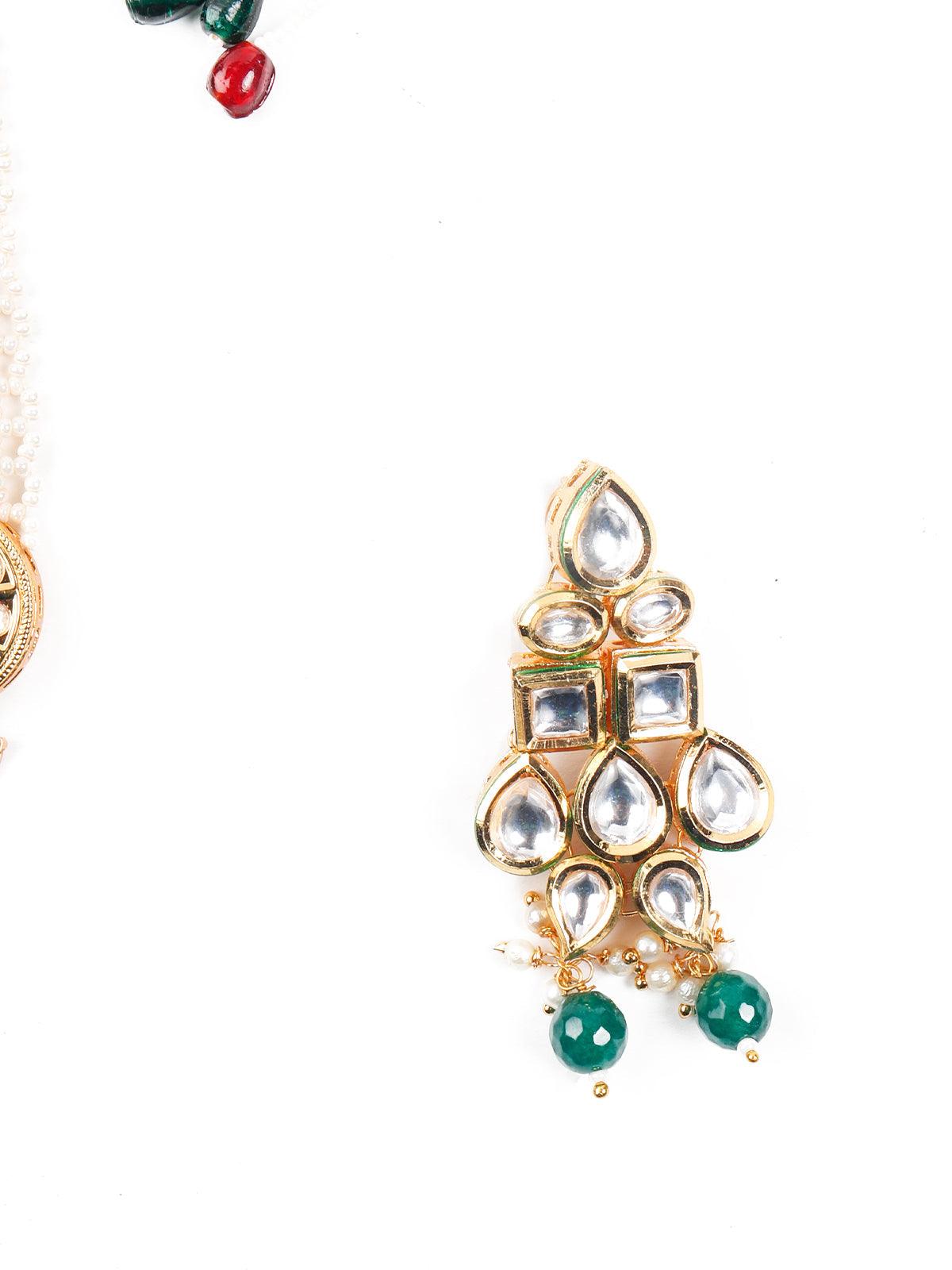 Bottle Green-White Long Divine Necklace Set - Rajwada
