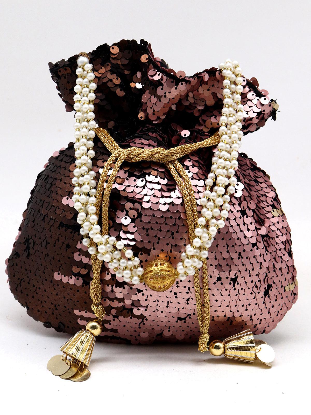 Brown and copper acrylic &amp; fabric potli handbag! - Rajwada