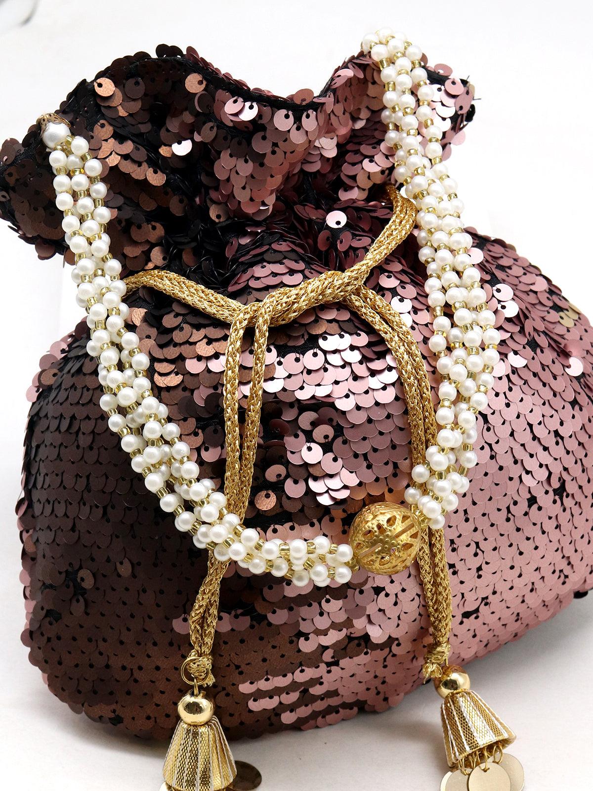 Brown and copper acrylic &amp; fabric potli handbag! - Rajwada
