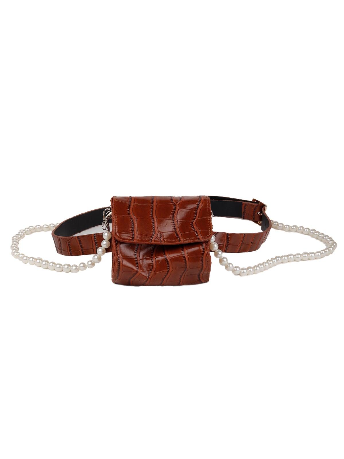 Brown crocodile textured double pearl belt bag - Rajwada