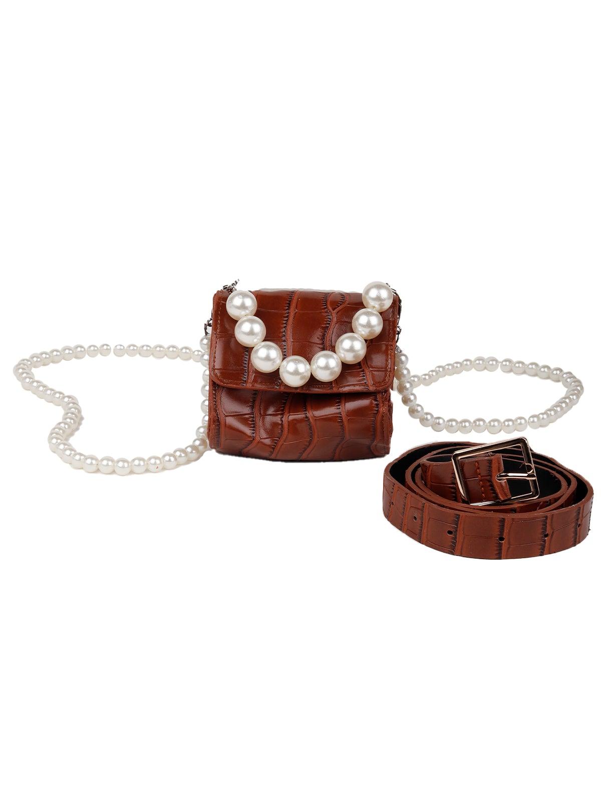 Brown crocodile textured double pearl belt bag - Rajwada