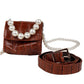 Brown crocodile textured double pearl belt bag - Rajwada