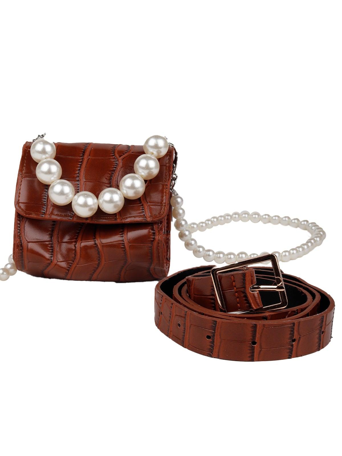 Brown crocodile textured double pearl belt bag - Rajwada