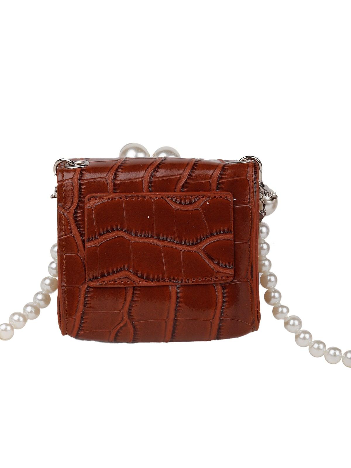 Brown crocodile textured double pearl belt bag - Rajwada