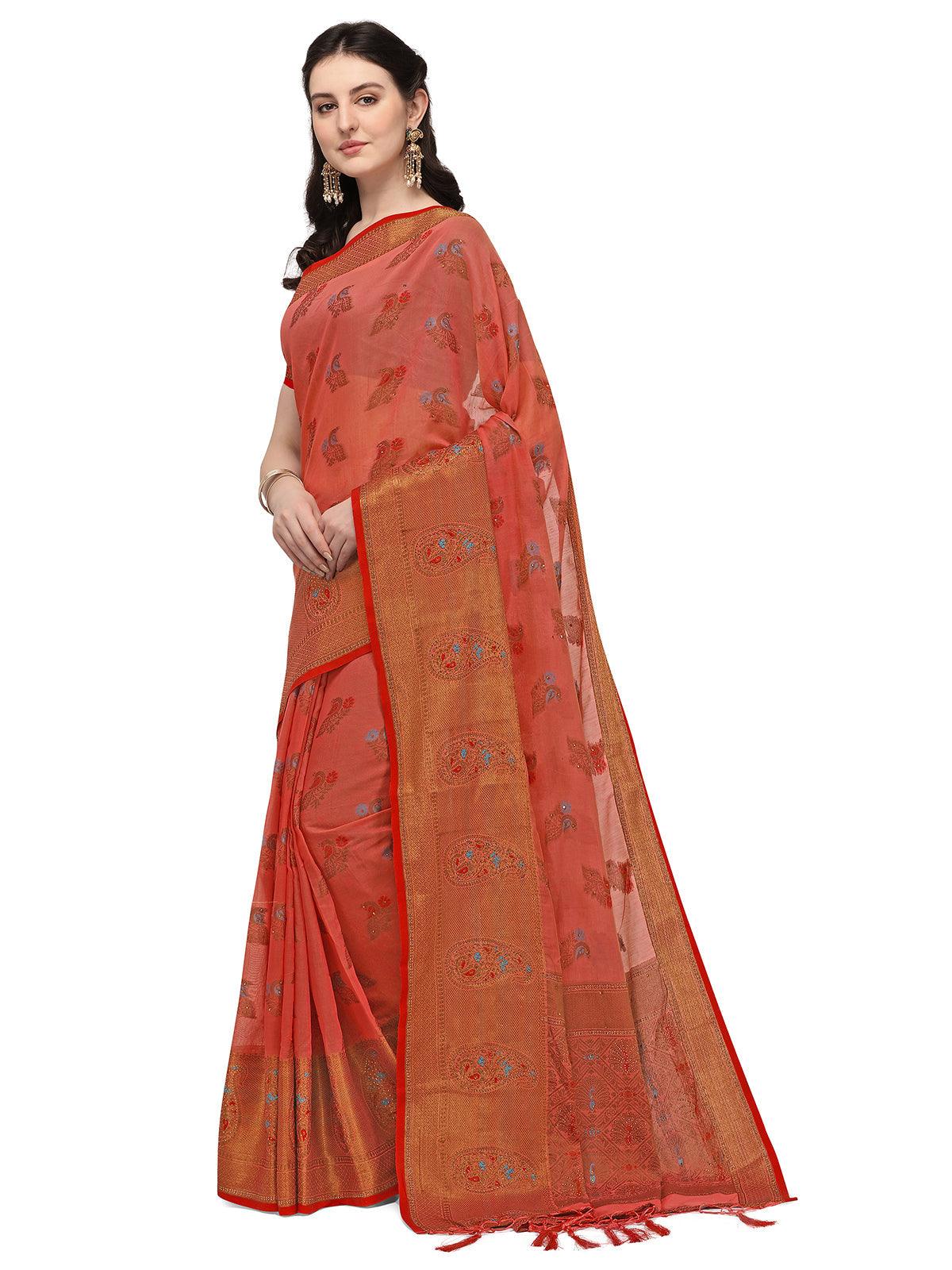 Chilly Red Colour Banarasi Silk Madhubani Work Saree - Rajwada