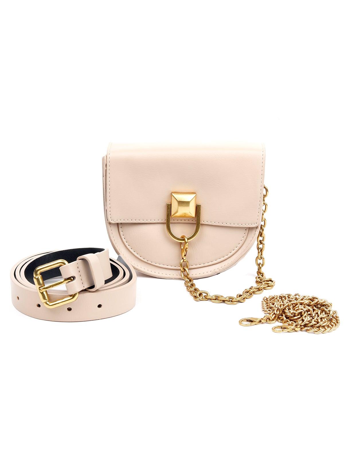 Classic Creamy Beige Gold Lock Belt-Bag - Rajwada