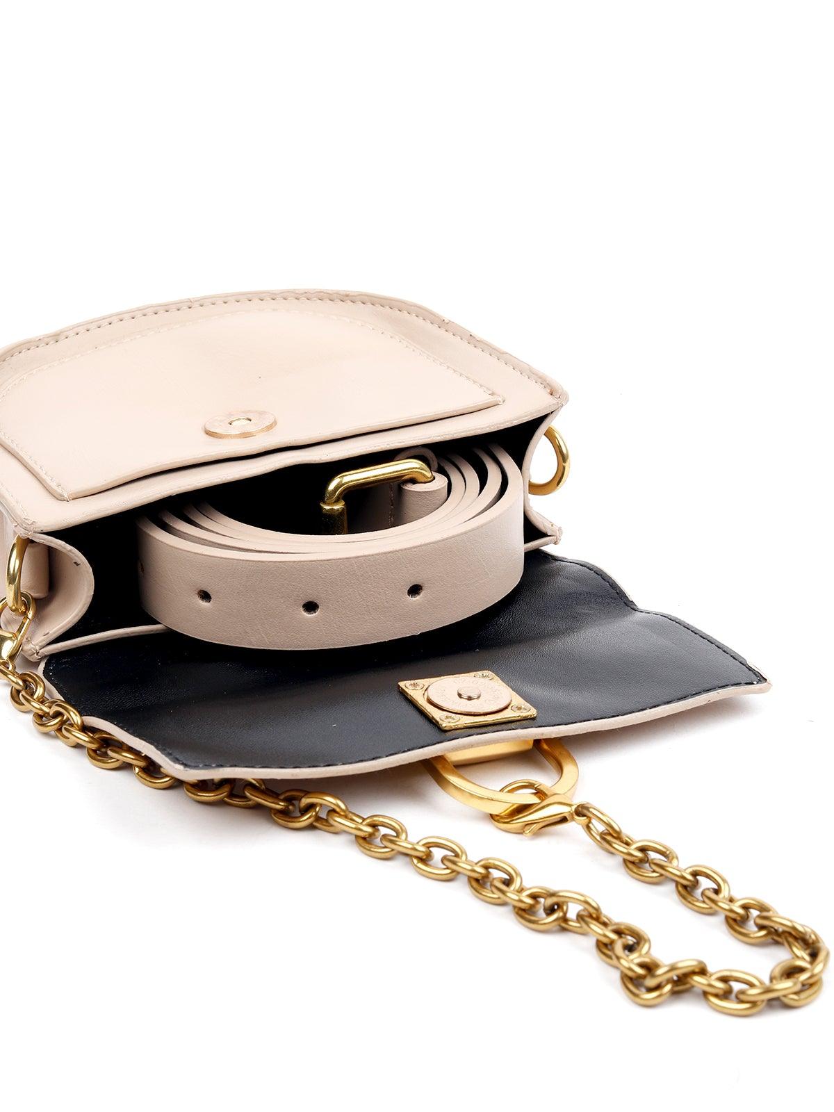 Classic Creamy Beige Gold Lock Belt-Bag - Rajwada