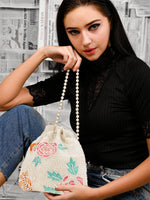 Classic White Beaded Floral Potli Bag - Odette