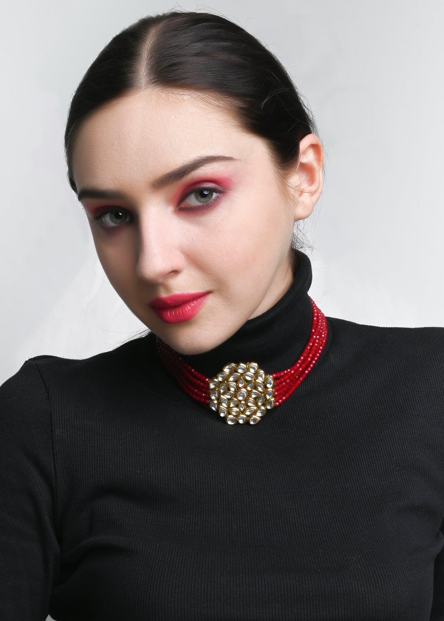 Classy Red Choker Set - Rajwada