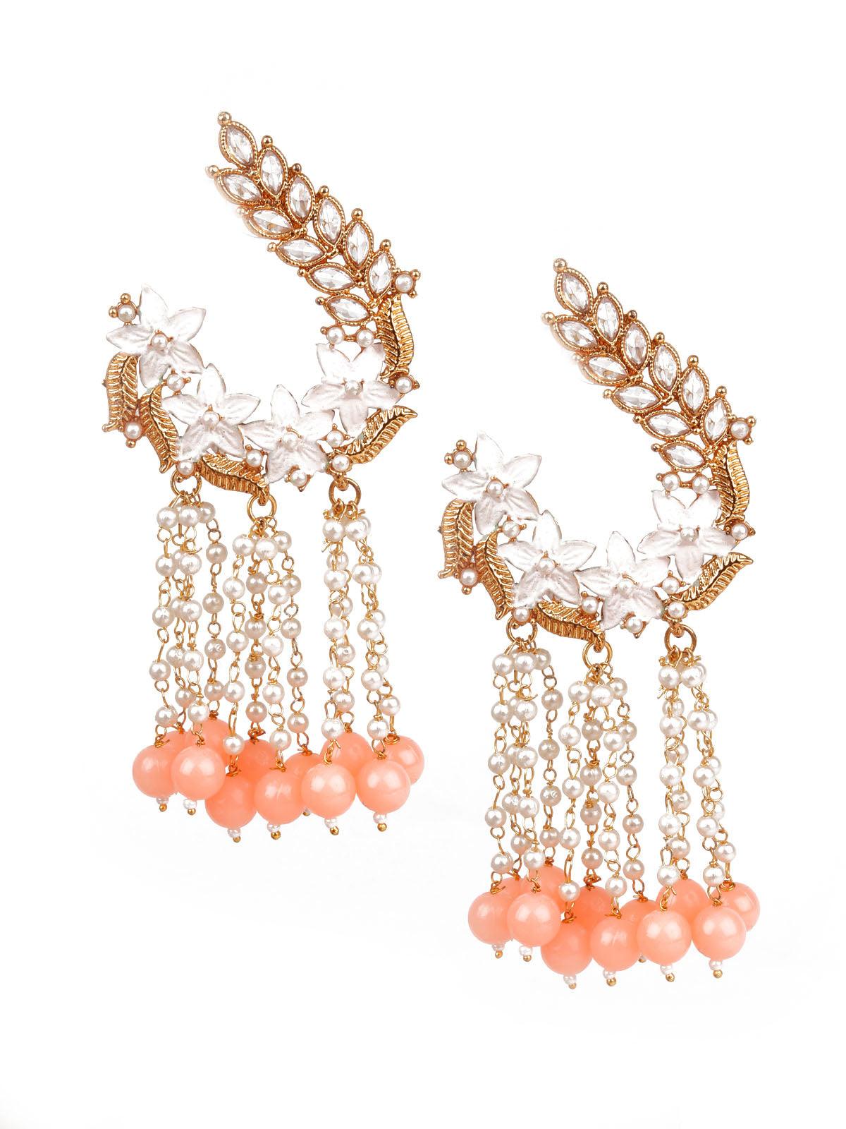 TRADITIONAL PEACH AND GOLD DANGLE EARRINGS - Rajwada