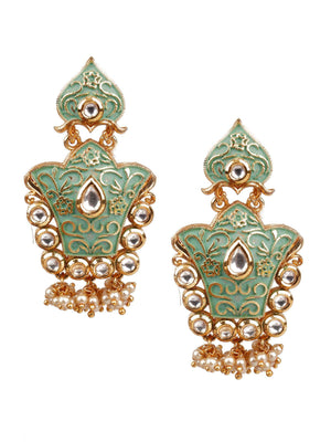 TRADITIONAL GREEN AND GOLD DANGLE EARRINGS - Rajwada