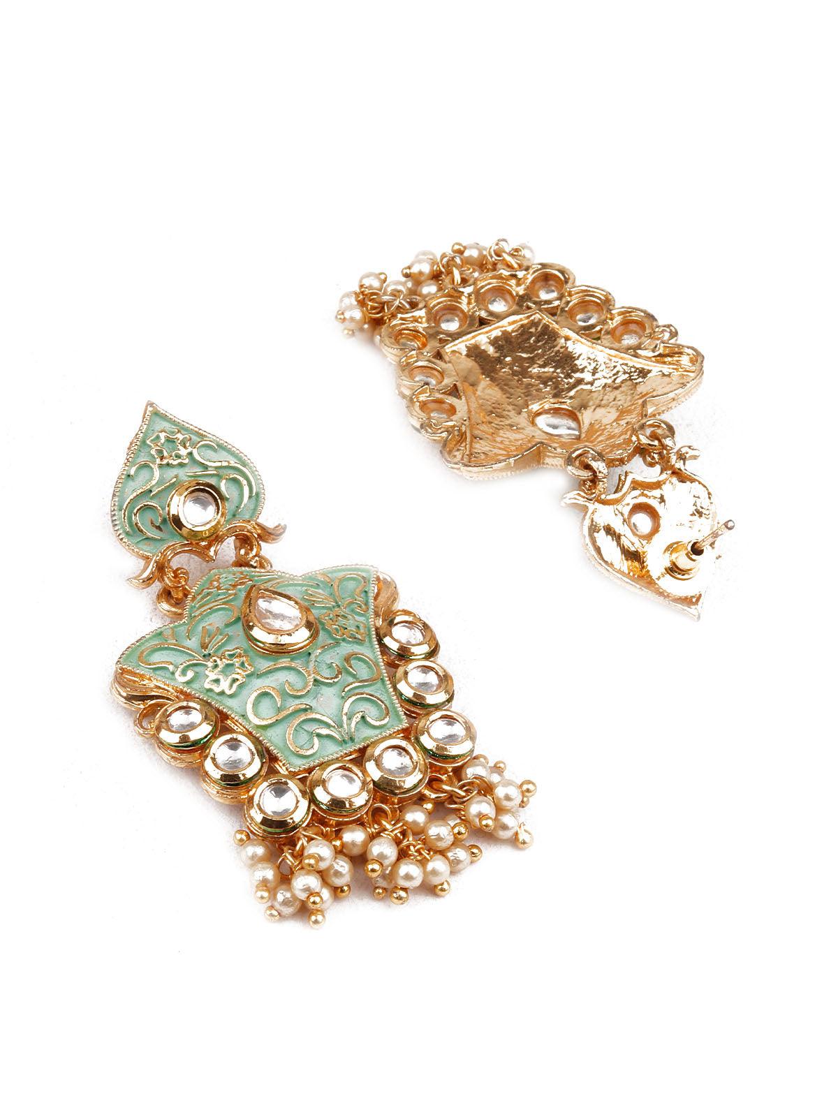TRADITIONAL GREEN AND GOLD DANGLE EARRINGS - Rajwada