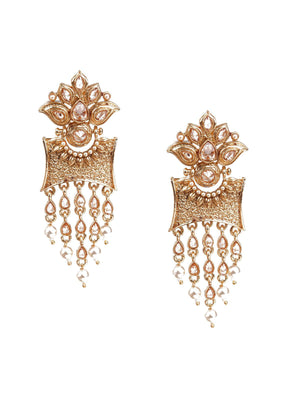 TRADITIONAL GOLD AND WHITE DANGLE EARRINGS - Rajwada