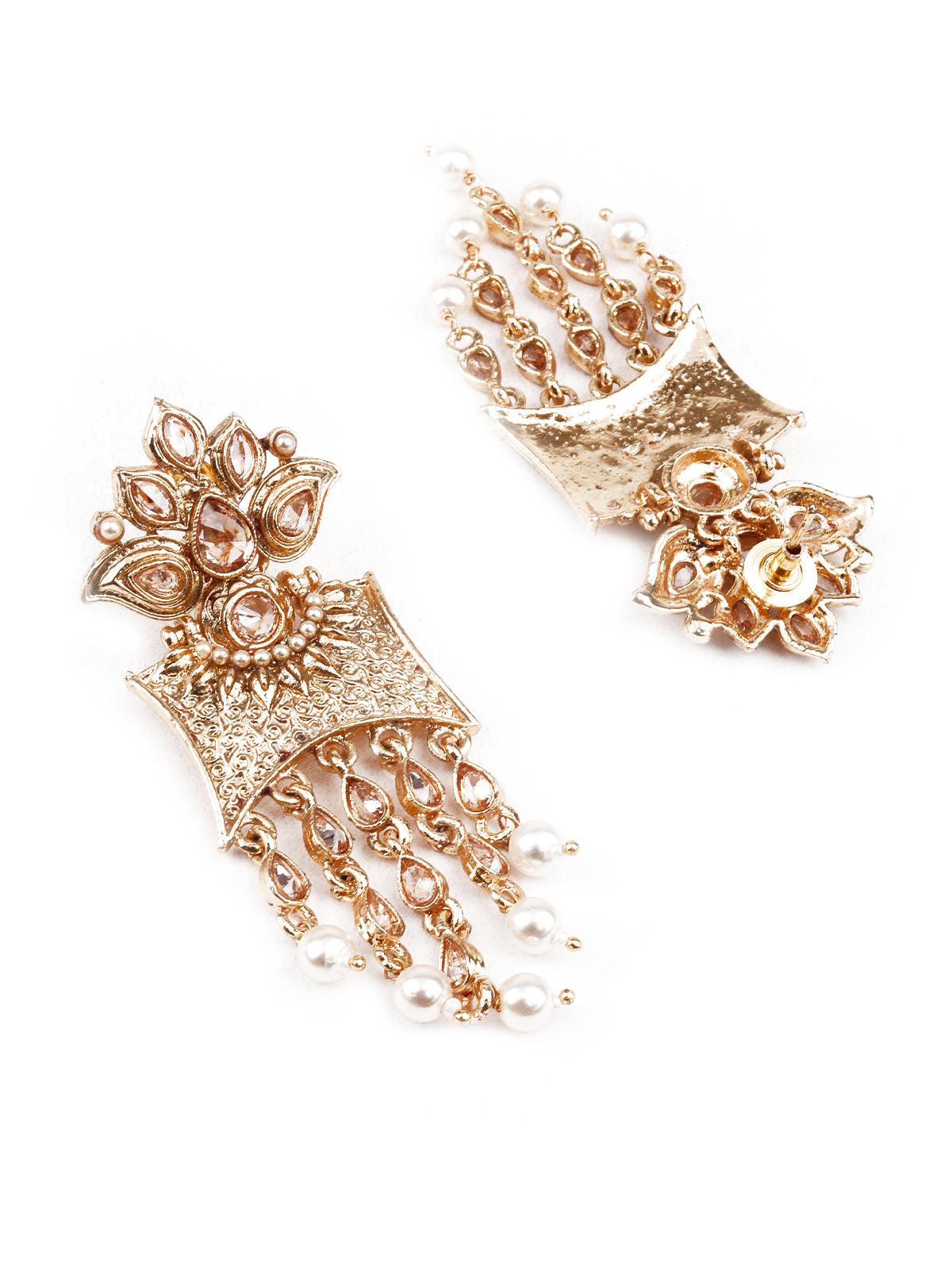 TRADITIONAL GOLD AND WHITE DANGLE EARRINGS - Rajwada