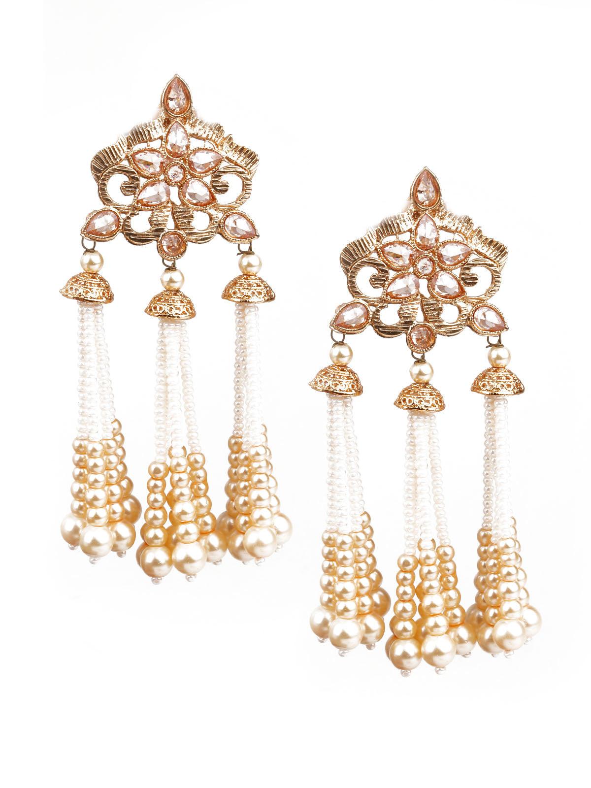 TRADITIONAL GOLD AND WHITE CHANDELIER EARRINGS - Rajwada