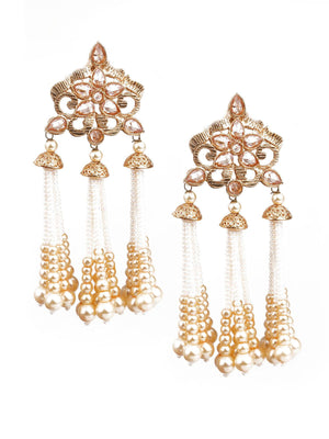 TRADITIONAL GOLD AND WHITE CHANDELIER EARRINGS - Rajwada