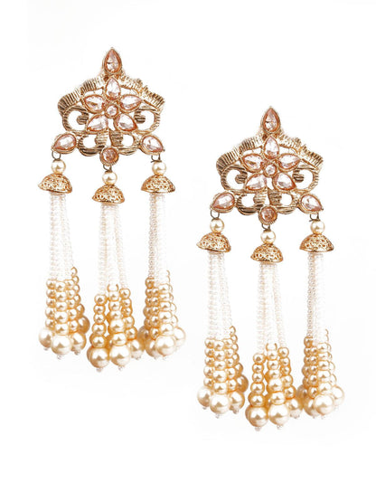 TRADITIONAL GOLD AND WHITE CHANDELIER EARRINGS - Rajwada
