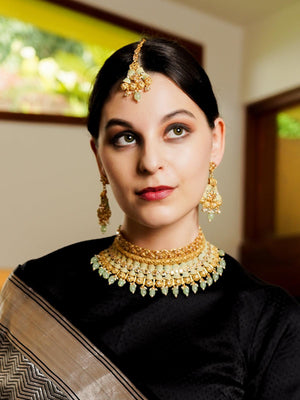 Crafted Heavy Olive Green Mani Gold Tone Choker Set! - Rajwada
