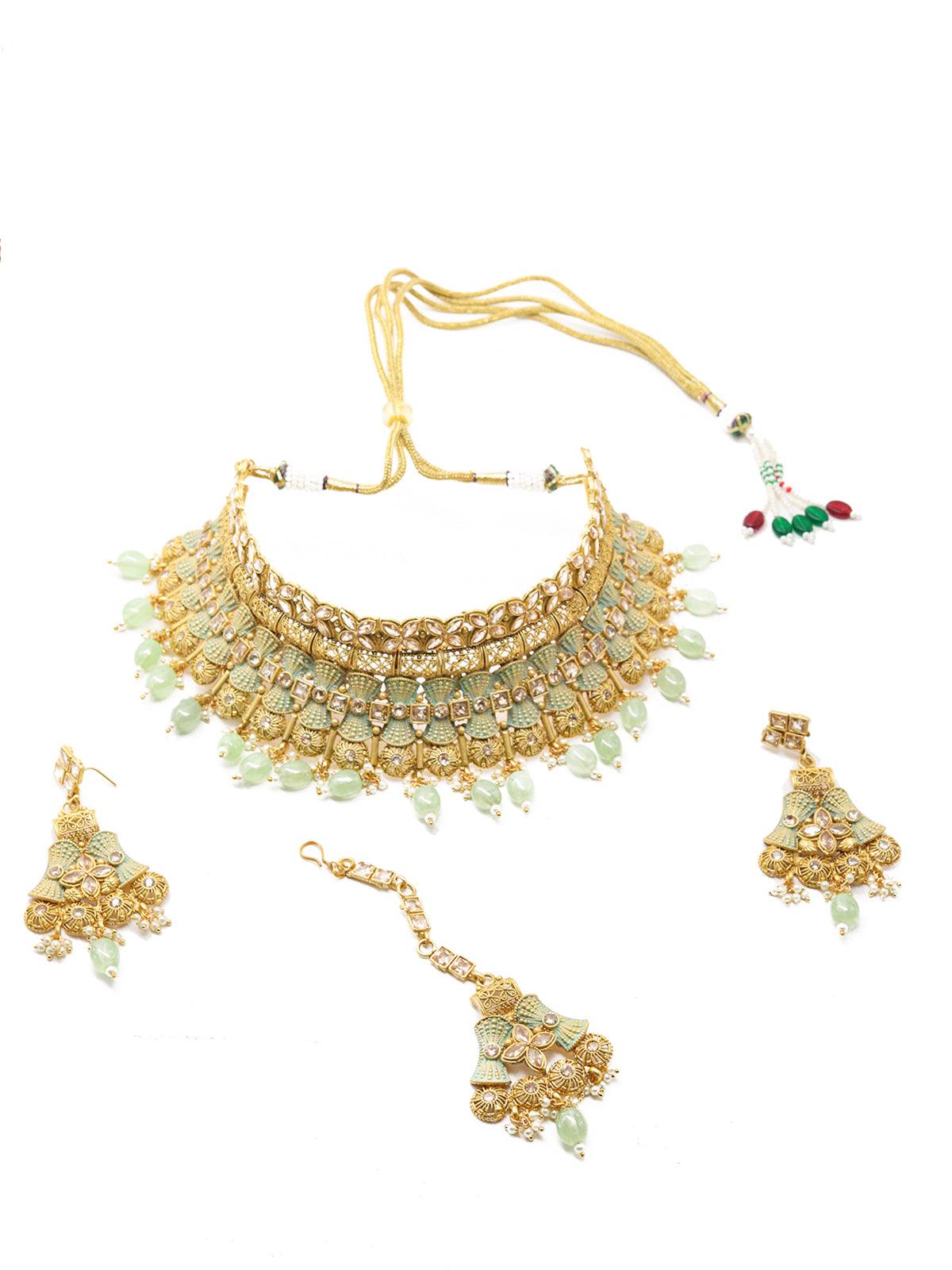 Crafted Heavy Olive Green Mani Gold Tone Choker Set! - Rajwada