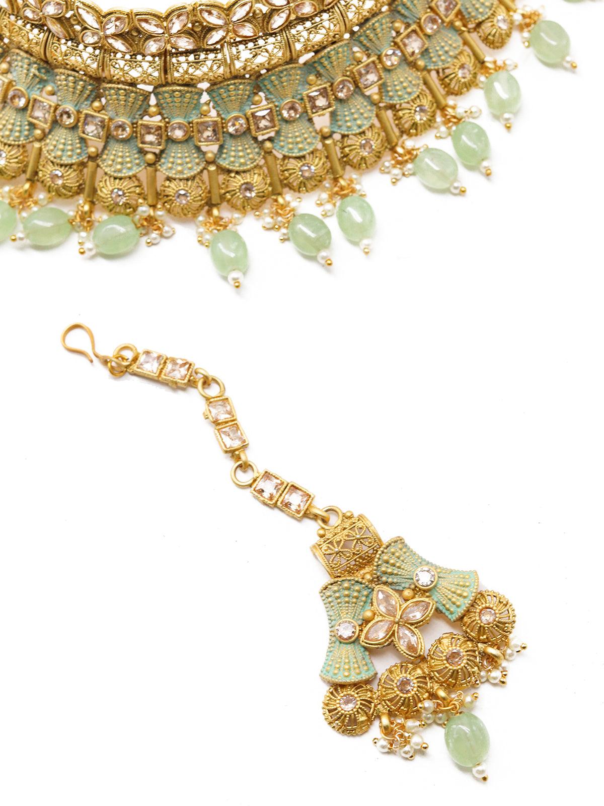 Crafted Heavy Olive Green Mani Gold Tone Choker Set! - Rajwada