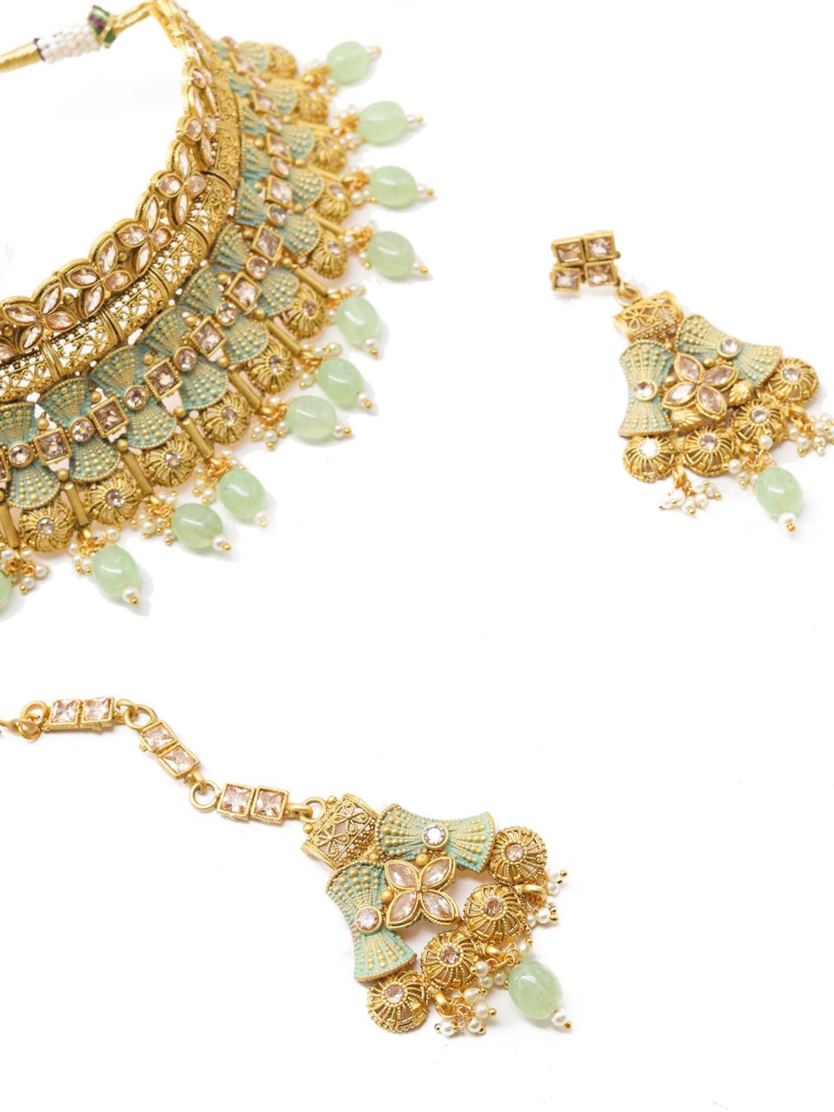 Crafted Heavy Olive Green Mani Gold Tone Choker Set! - Rajwada