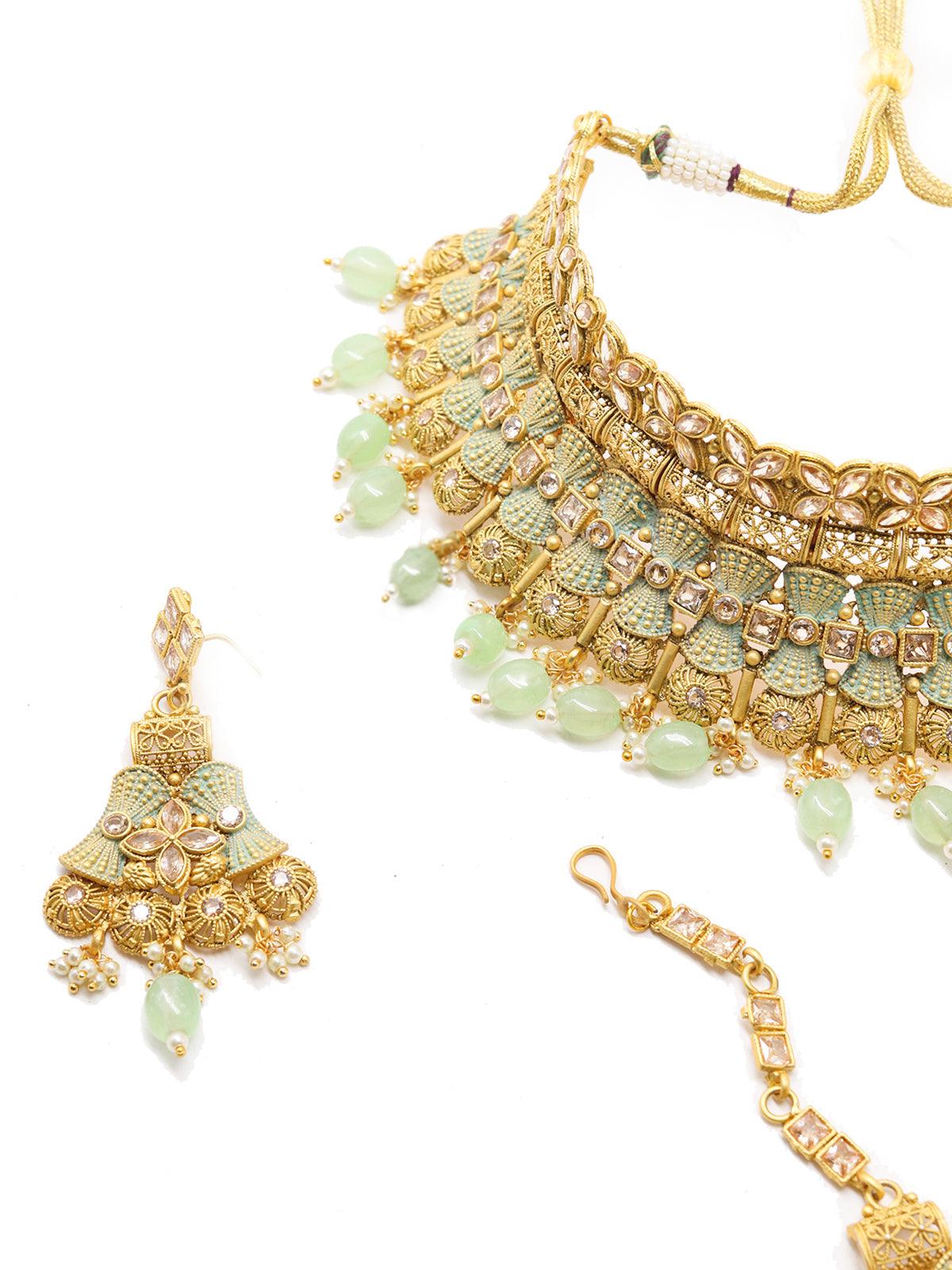 Crafted Heavy Olive Green Mani Gold Tone Choker Set! - Rajwada
