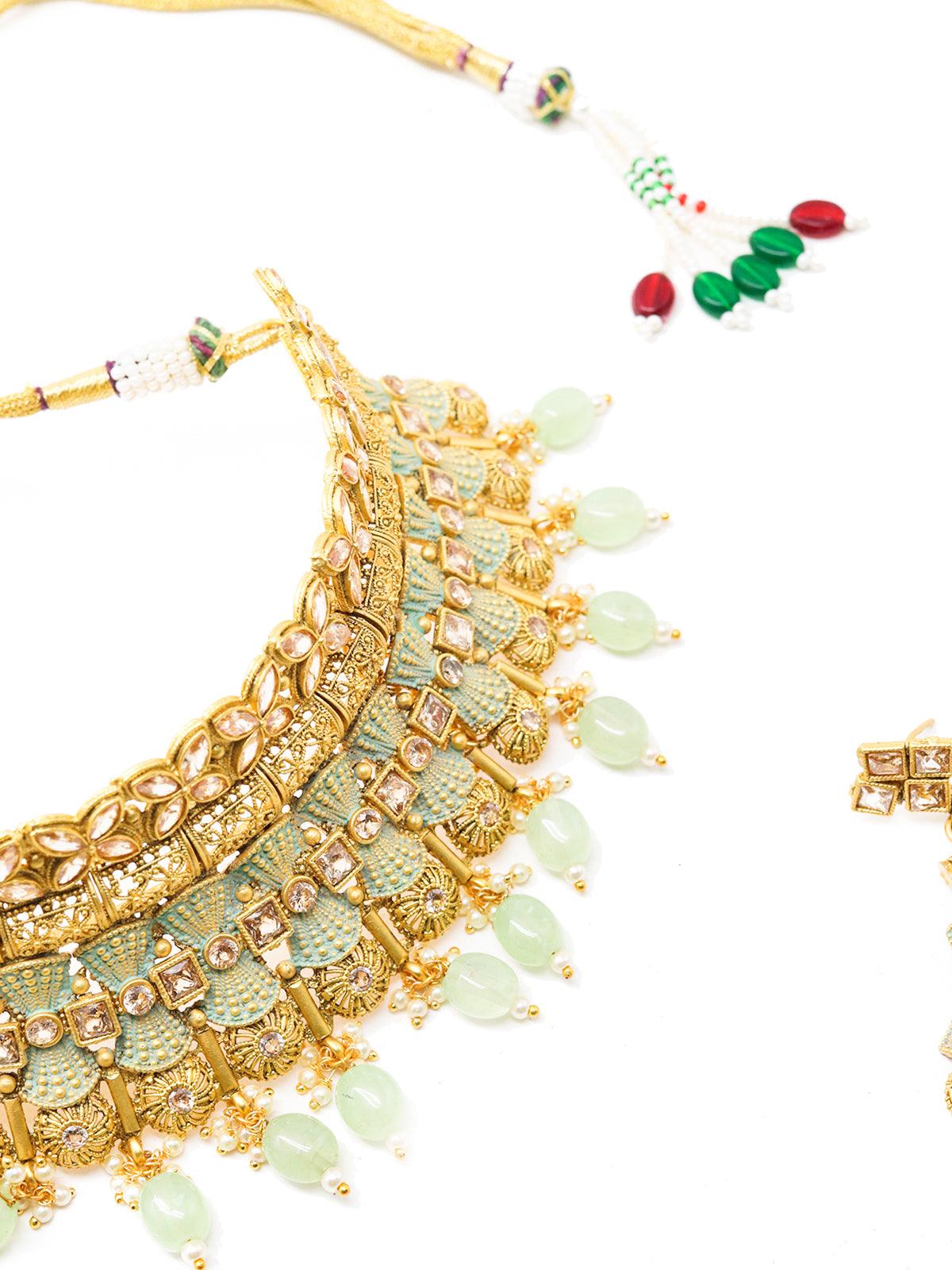 Crafted Heavy Olive Green Mani Gold Tone Choker Set! - Rajwada