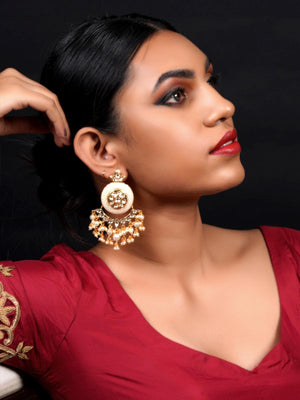 Cream Enamelled Kundan-Pearl Chandbali Earrings! - Rajwada