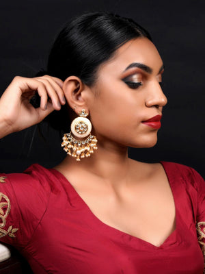 Cream Enamelled Kundan-Pearl Chandbali Earrings! - Rajwada