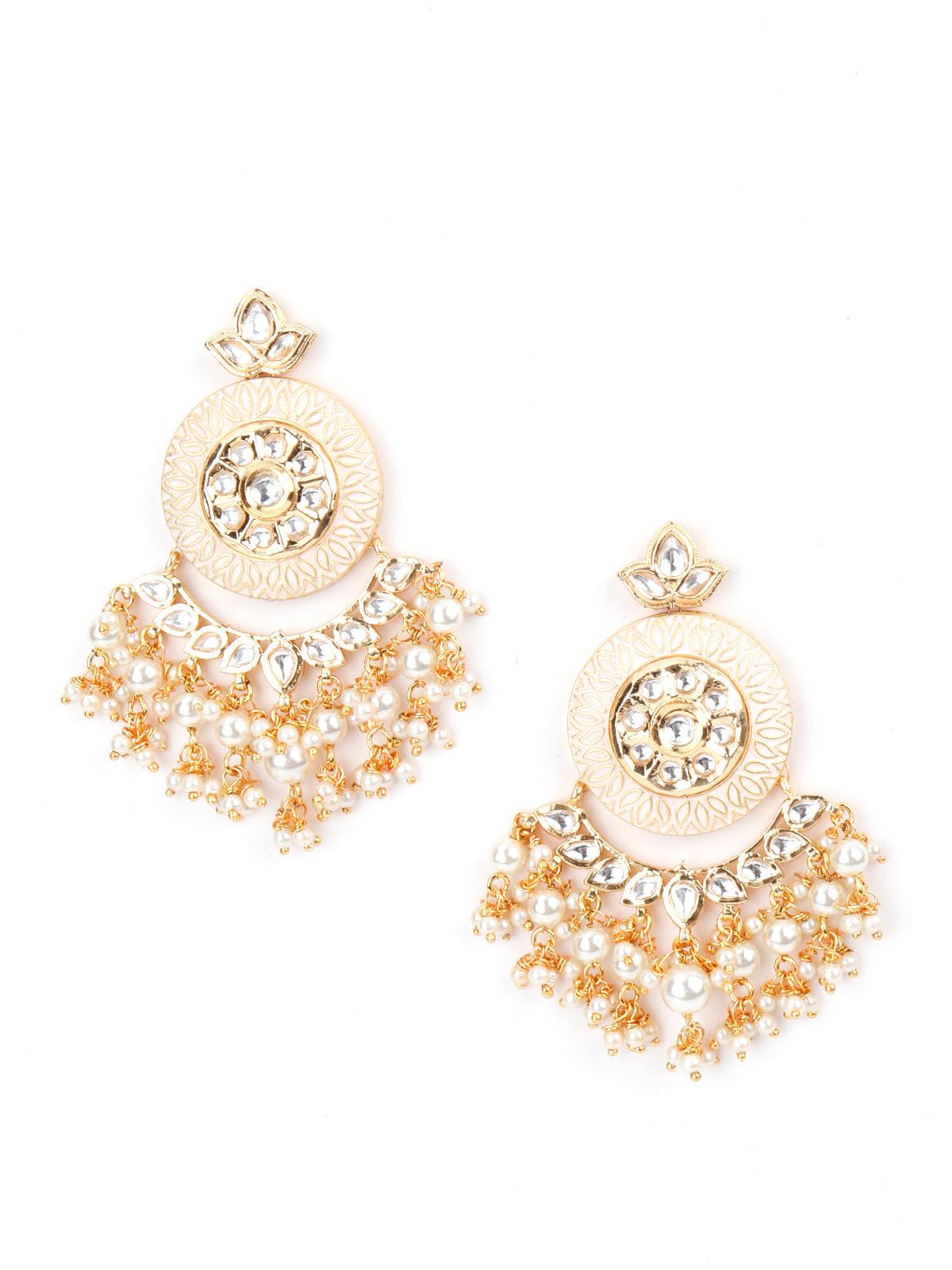 Cream Enamelled Kundan-Pearl Chandbali Earrings! - Rajwada