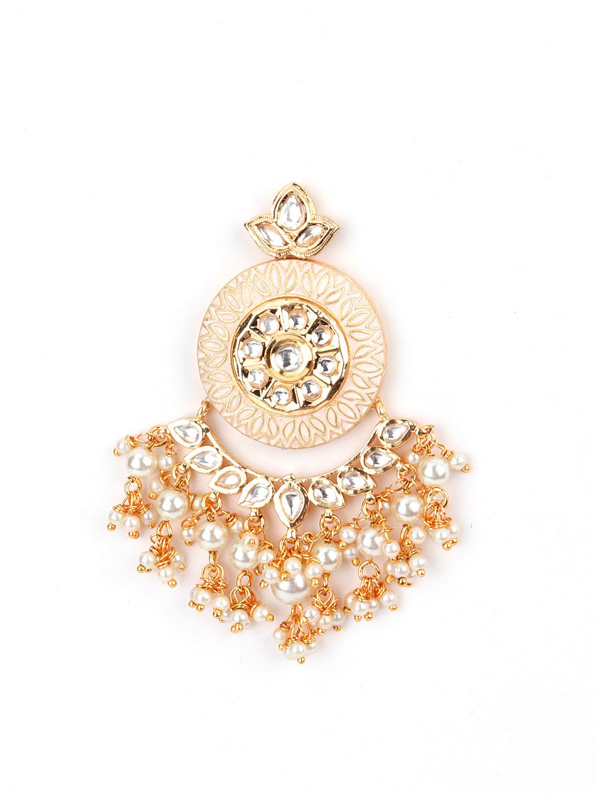 Cream Enamelled Kundan-Pearl Chandbali Earrings! - Rajwada