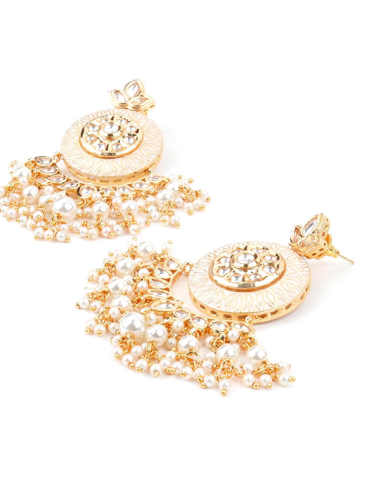 Cream Enamelled Kundan-Pearl Chandbali Earrings! - Rajwada
