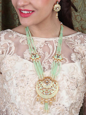 Crescent Curved Lotus Shaped Sea Green Onyx Crystal Beads Polki Set - Rajwada