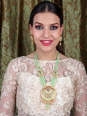 Crescent Curved Lotus Shaped Sea Green Onyx Crystal Beads Polki Set - Rajwada