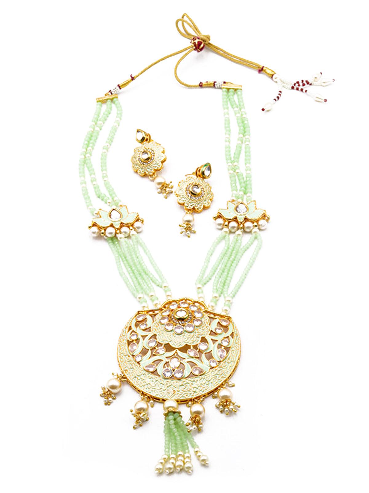 Crescent Curved Lotus Shaped Sea Green Onyx Crystal Beads Polki Set - Rajwada