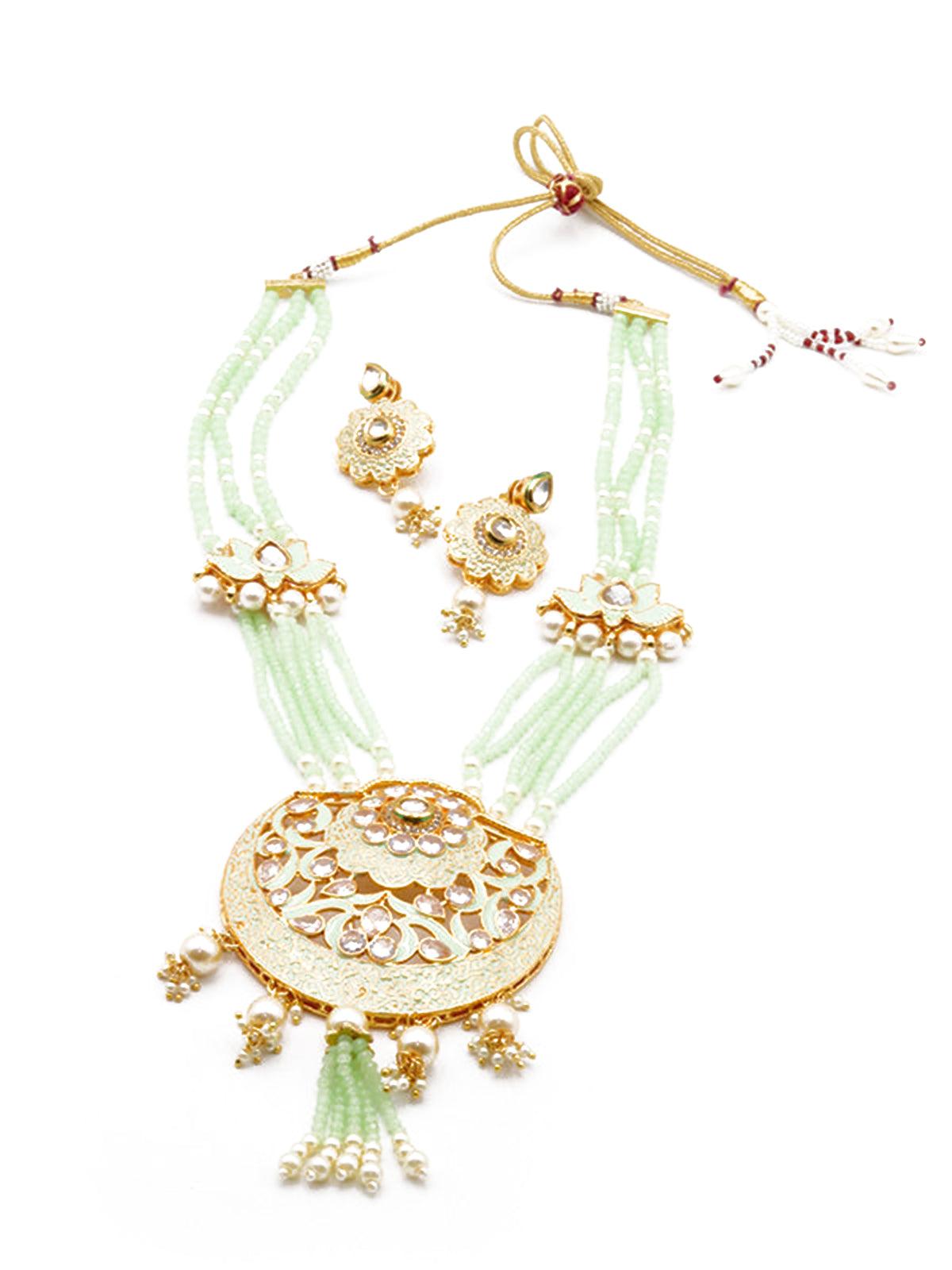 Crescent Curved Lotus Shaped Sea Green Onyx Crystal Beads Polki Set - Rajwada