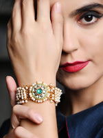 Cultured White Pearl and Green Rhinestone Bracelet - Rajwada