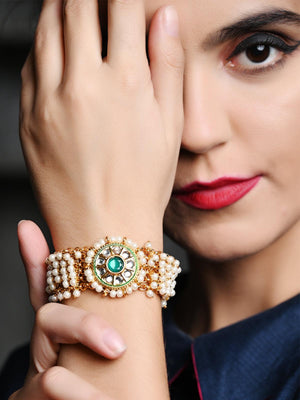 Cultured White Pearl and Green Rhinestone Bracelet - Rajwada