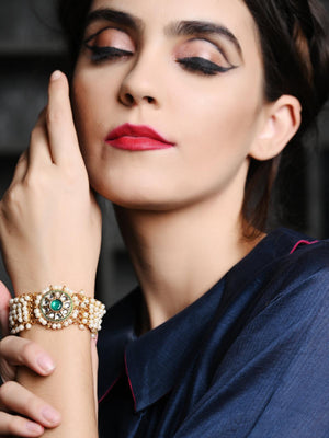 Cultured White Pearl and Green Rhinestone Bracelet - Rajwada