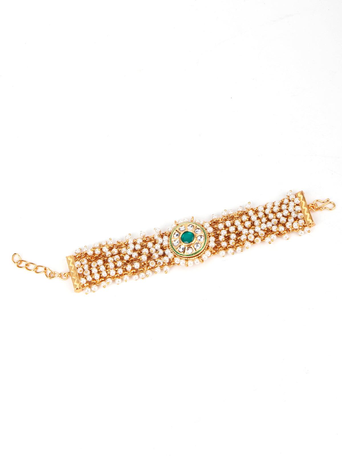 Cultured White Pearl and Green Rhinestone Bracelet - Rajwada