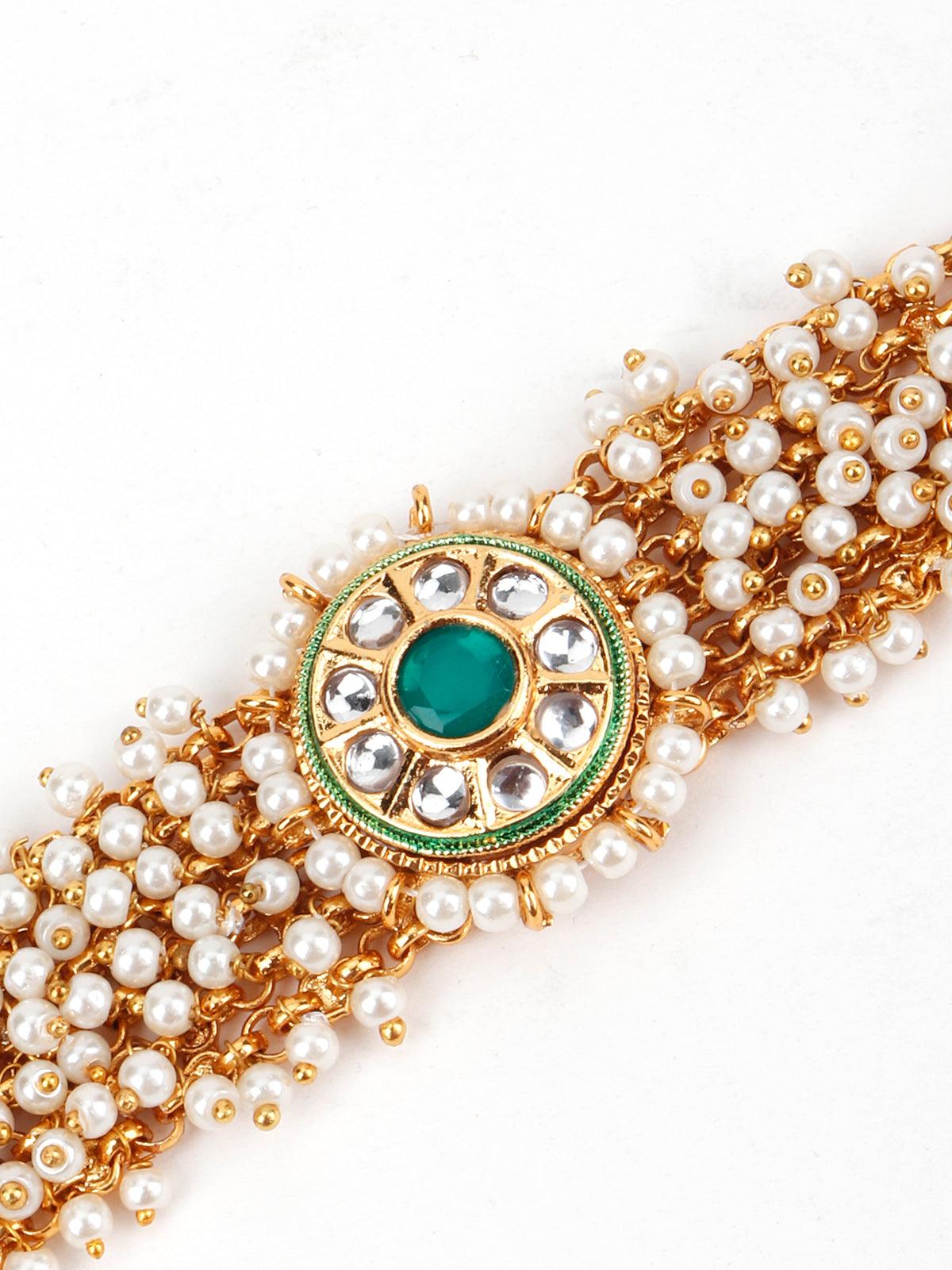 Cultured White Pearl and Green Rhinestone Bracelet - Rajwada
