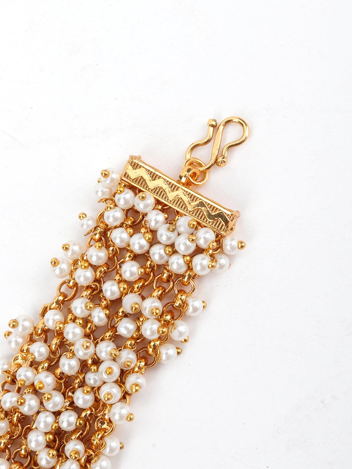 Cultured White Pearl and Green Rhinestone Bracelet - Rajwada