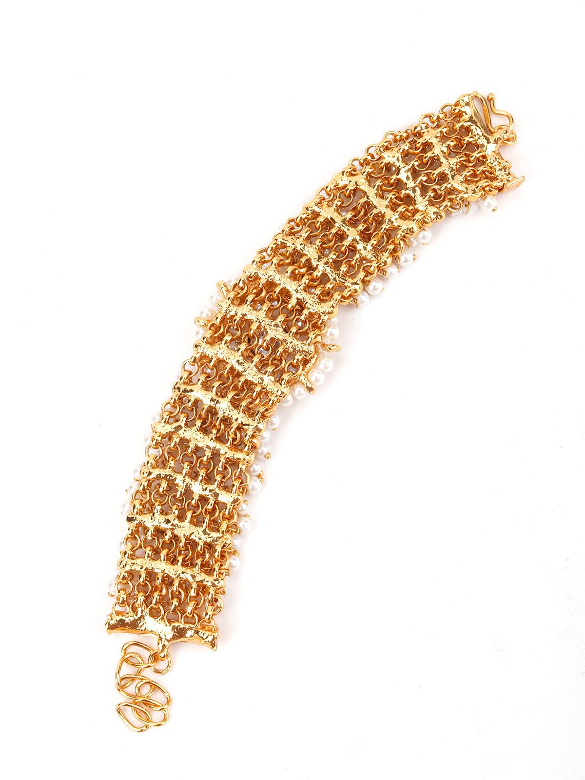 Cultured White Pearl and Green Rhinestone Bracelet - Rajwada