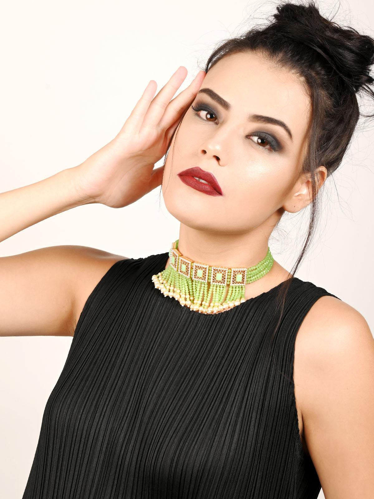 Cute Light Green Choker Necklace Set - Rajwada